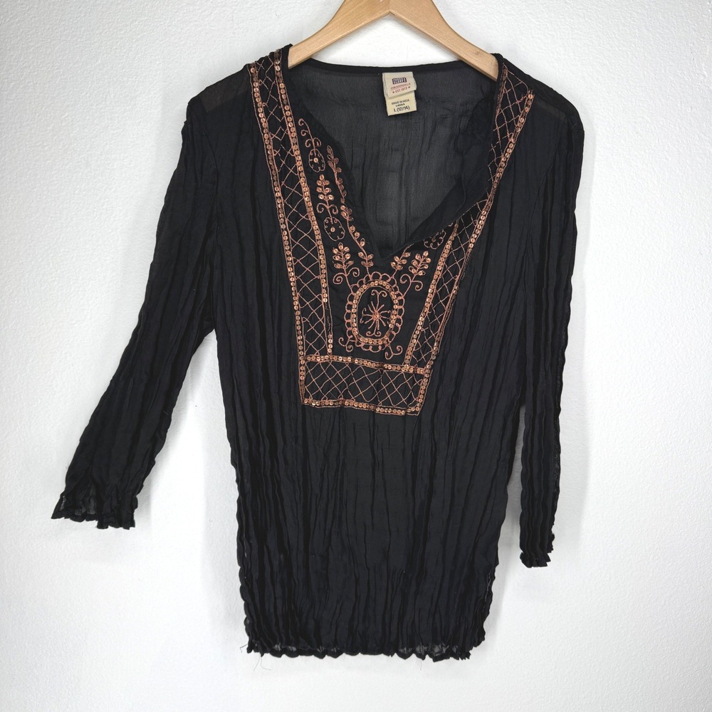 Vintage Faded Glory Crinkle Gauze Embroidered Boho Top Large Whimsigoth Gypsy